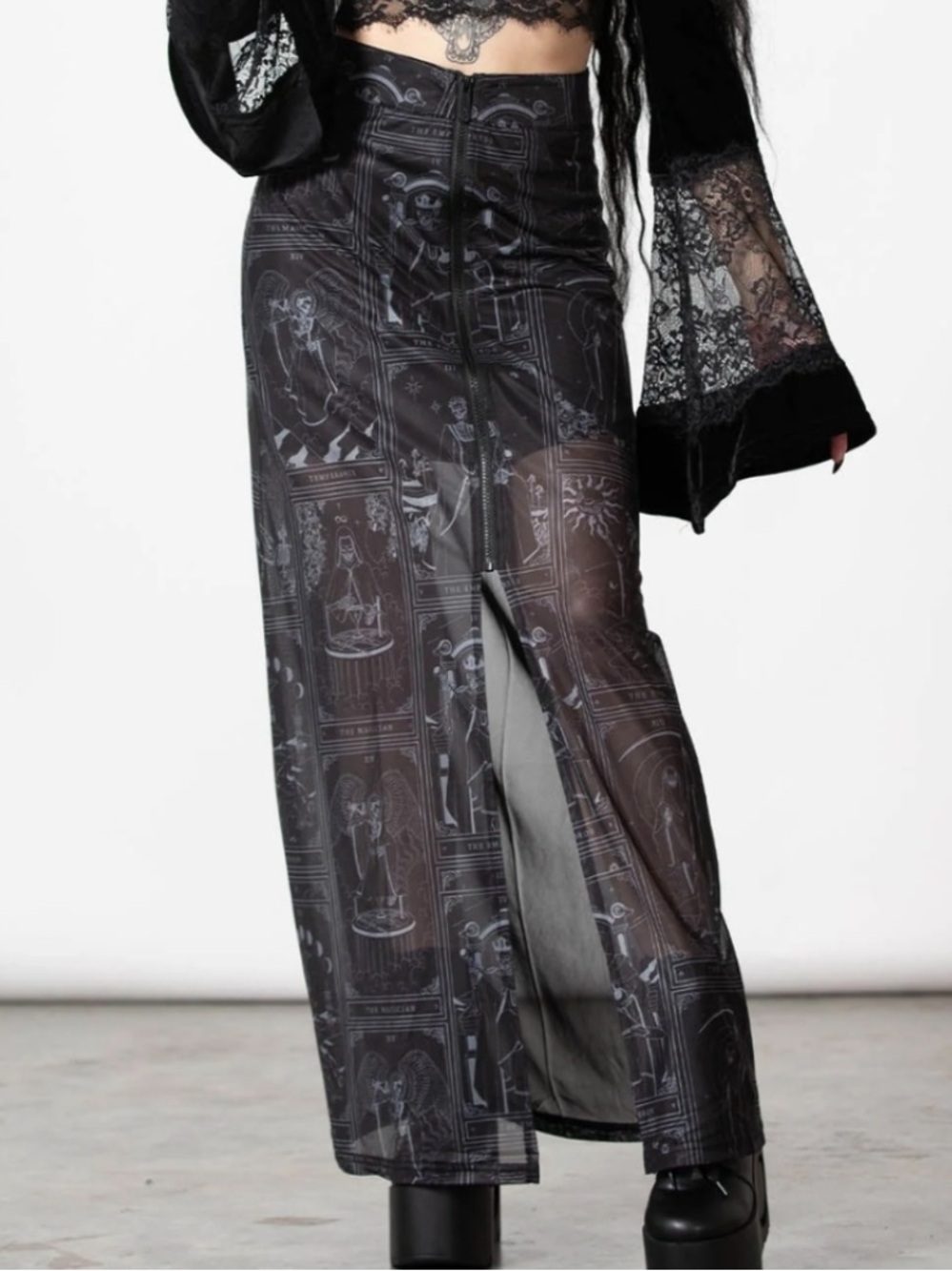 Killstar Goth Black & Gray tarot Maxi Shear Slit Skirt Small